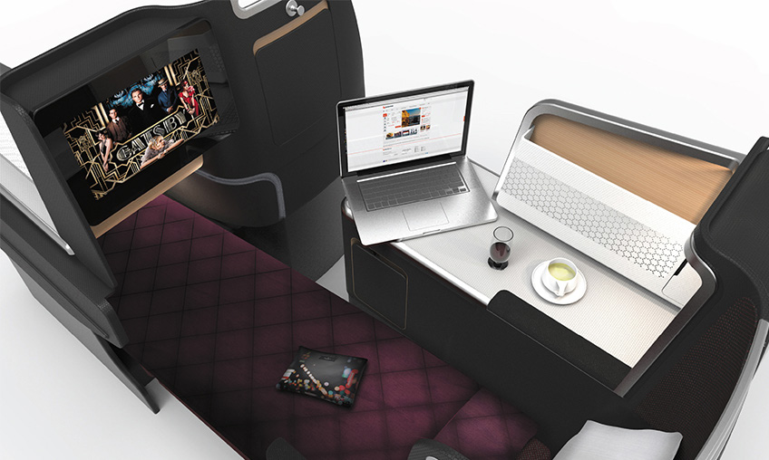 The enclosed style seat for the Qantas A330 Business class cabin can recline to a fully flat bed
